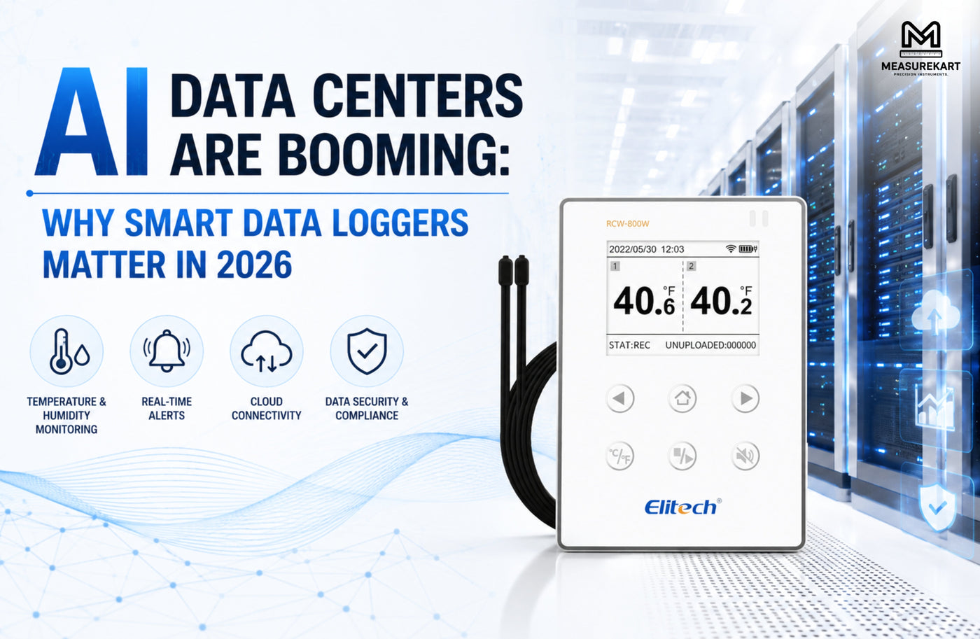 AI data center with Elitech RCW-800 Wi-Fi temperature and humidity data logger for real-time environmental monitoring, cloud connectivity, and server room protection in 2026.