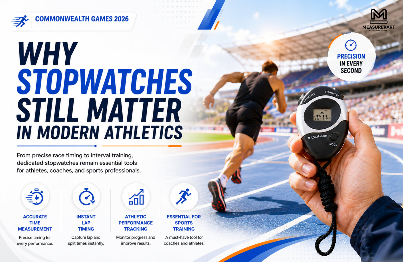 Commonwealth Games 2026 – Why Stopwatches Still Matter: Athlete sprinting on a professional athletics track while a coach holds a digital stopwatch, highlighting accurate time measurement, lap timing, performance tracking, and sports training.