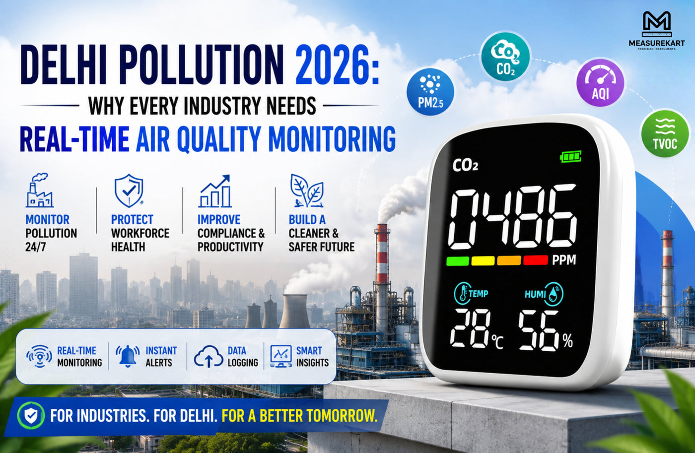 Delhi Pollution 2026 and real-time Air Quality Monitor for industrial monitoring