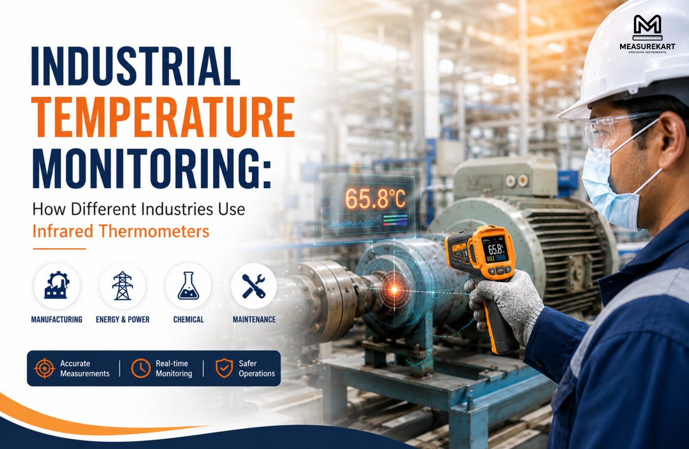 Industrial engineer using a handheld infrared thermometer to monitor motor temperature inside a modern manufacturing facility for predictive maintenance and industrial safety.