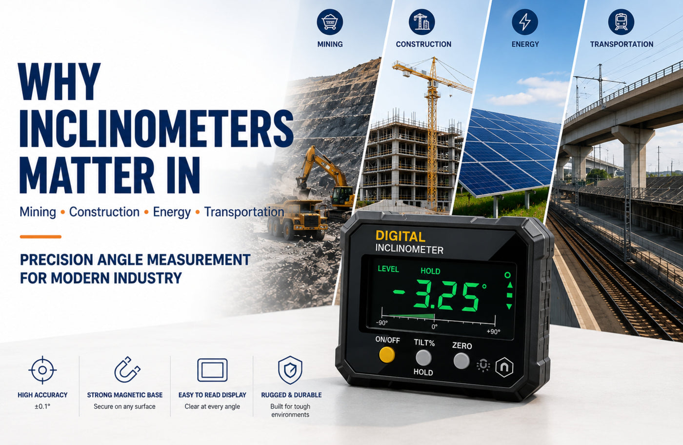 Why Inclinometers Matter in Mining, Construction, Energy, and Transportation — Digital inclinometer supporting precision angle measurement across mining, construction, energy, and transportation applications.
