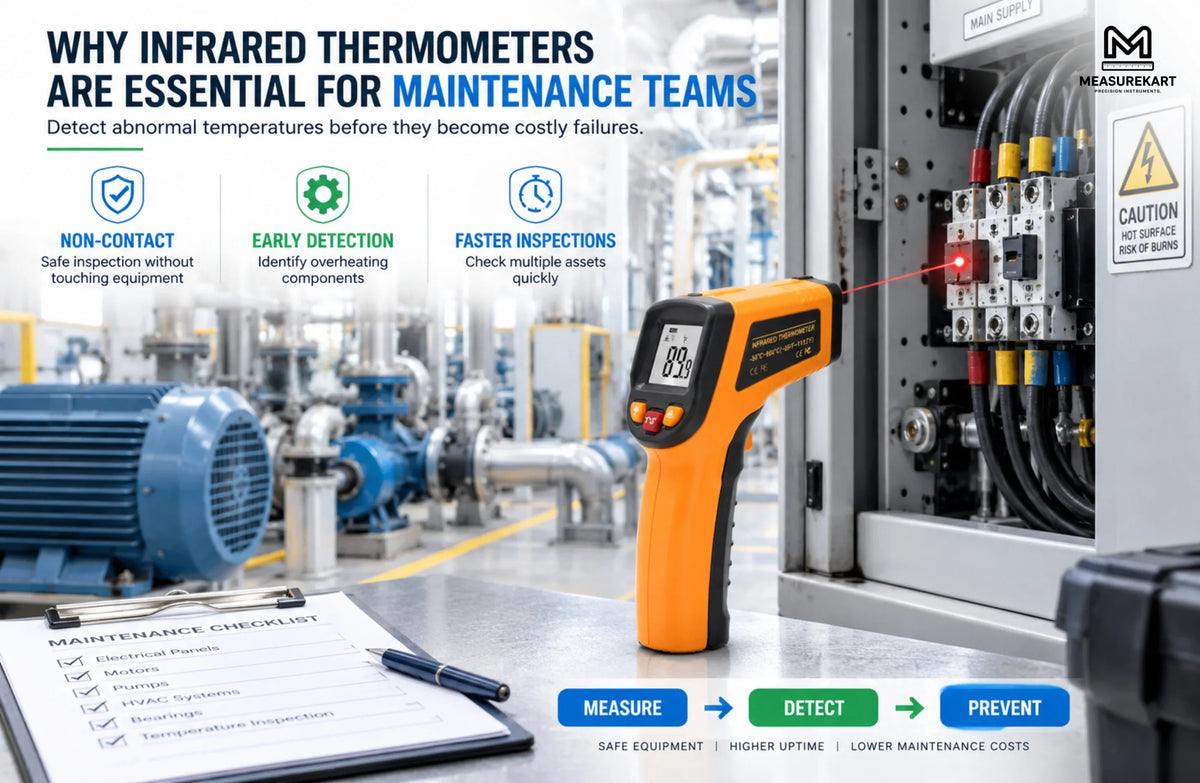 Infrared thermometer used for non-contact temperature inspection in an industrial maintenance environment, highlighting early detection and faster equipment checks.
