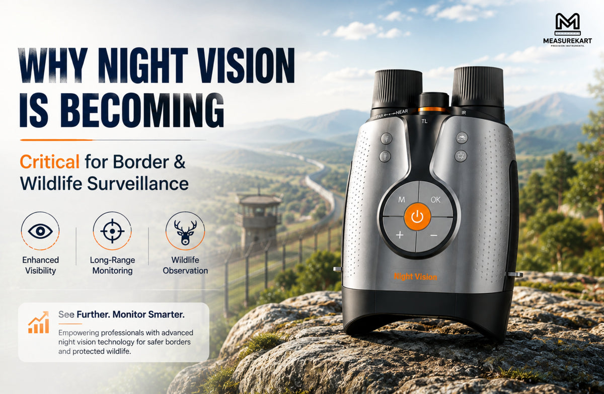 Night vision binoculars supporting long-range border surveillance and wildlife observation in a mountainous outdoor environment.