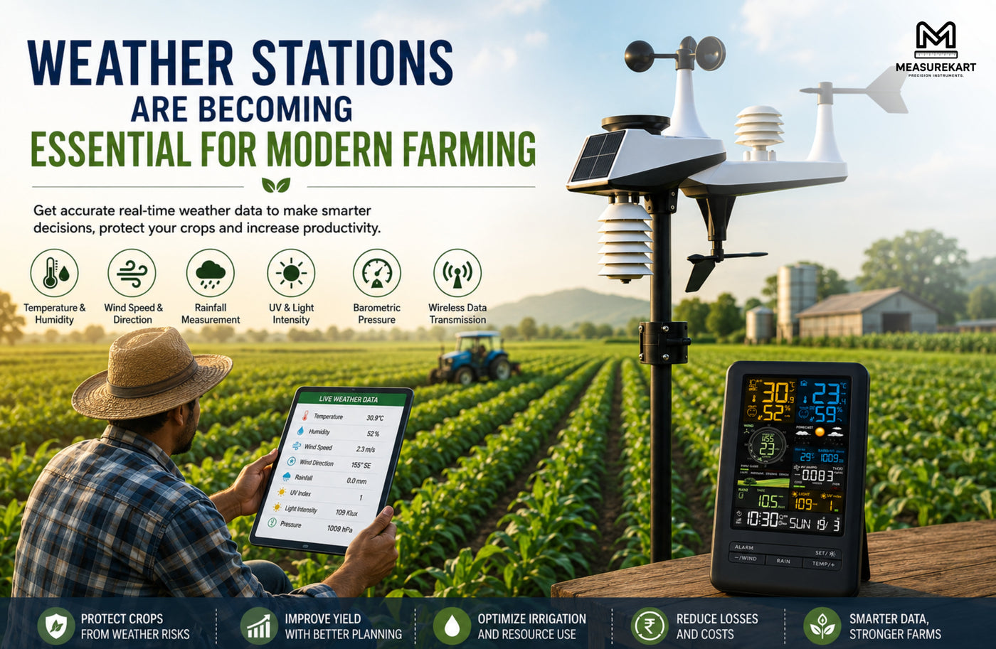 Smart farming with an Automatic Weather Station monitoring temperature, humidity, rainfall, and wind conditions across a modern agricultural field to support precision farming.