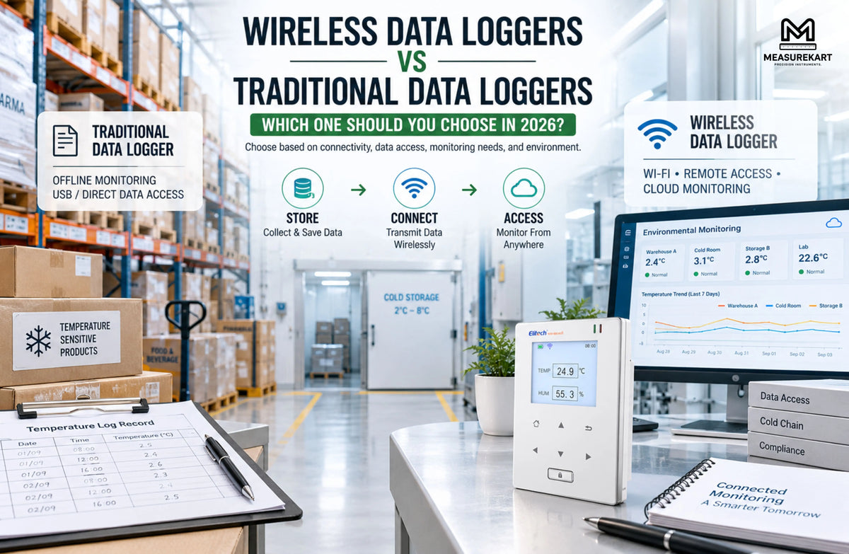 Comparison of wireless and traditional data loggers showing differences in connectivity, data access, monitoring, and environmental applications.