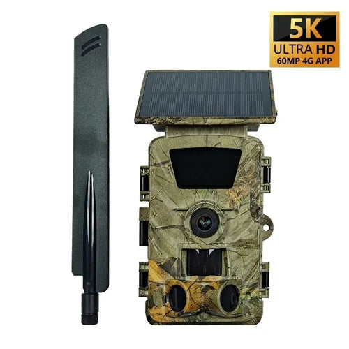 5K Ultra HD hunting camera with solar panel and antenna for wildlife monitoring and outdoor surveillance.