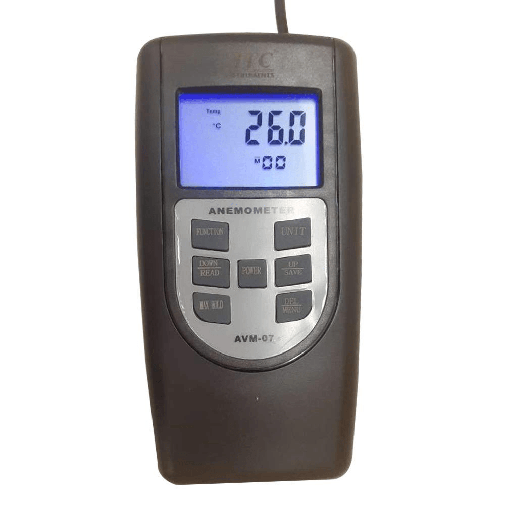 HTC AVM-07 High-Accuracy Digital Vane Anemometer with Large Backlit LCD Display, Multi-Unit Wind Speed and Airflow Measurement in m/s, km/h, ft/min, mph & knots, Temperature Sensing, Max/Min Recording, Data Hold Function, Auto Power Off
