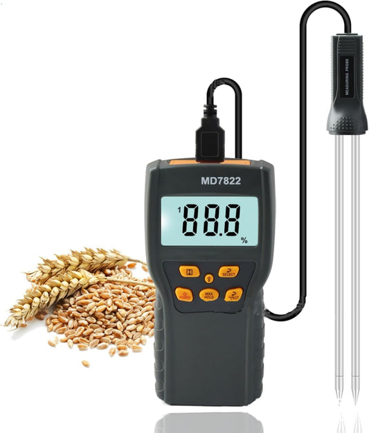 Real Instruments MD7822 Digital Grain Moisture Meter With Measuring Probe Accurate Measurement For Wheat, Paddy Rice, Corn, Feed Barley Pin-Type Digital Moisture Measurer LCD Humidity Tester