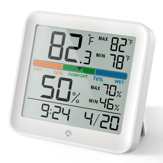 Real Instruments Digital Hygrometer Thermometer HT-54 Temperature & Humidity Monitoring Weather Station Room Climate Indicator With Calibration Touchable Night Light Comfort Display MAX/MIN Data Sets