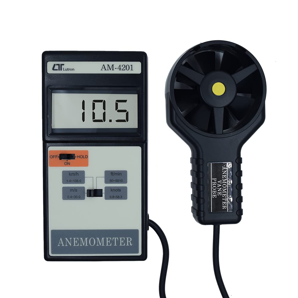 Lutron AM-4201 High-Precision Digital Anemometer with Remote Vane Probe, LCD Display, Multi-Unit Wind Speed Measurement in m/s, km/h, ft/min, mph & knots, Data Hold Function, Auto Power Off & Battery-Powered Design, AM-4201
