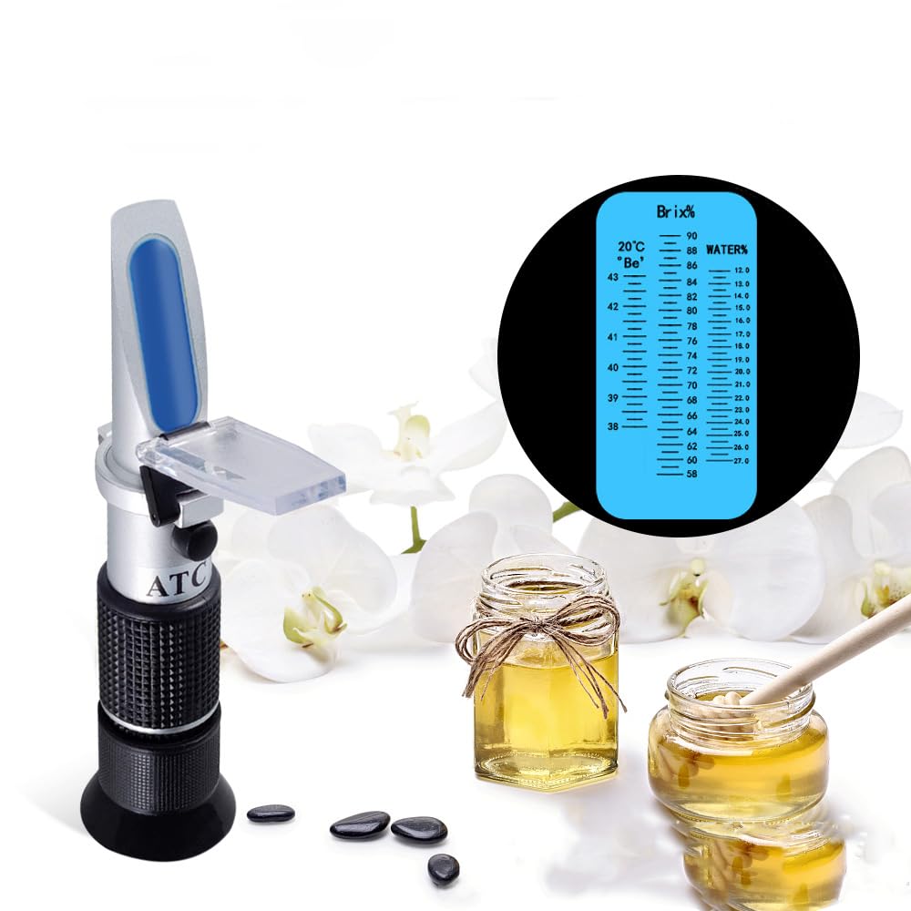 Real Instruments 58 To 92% Refractometer Honey For Honey Moisture, Brix And Baume, 3 In 1 Uses Brix Scale Range Honey Moisture Tester With ATC Ideal For Honey Maple Syrup And Molasses Bee Keeping