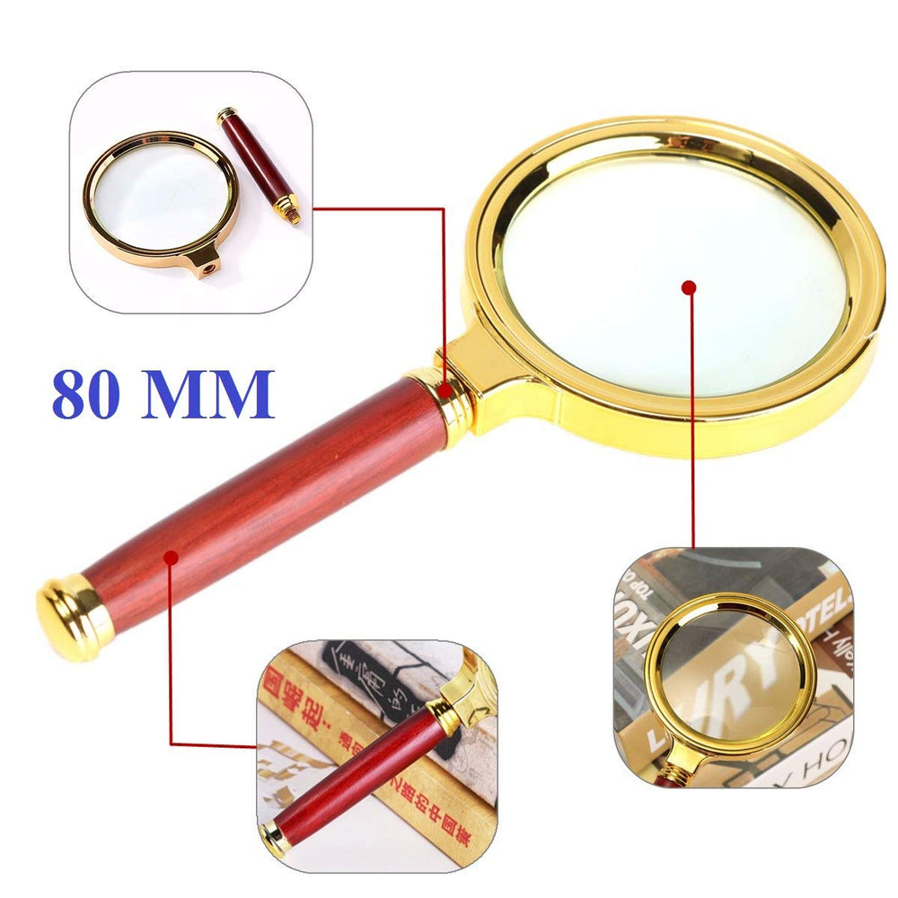 Real Instruments Double Glass 3X High Power Antique Handheld Magnifier Magnifying Glass for Reading, Soldering, jewelries, maps, Great for Gifting (3X, 80MM, Gold + Red)
