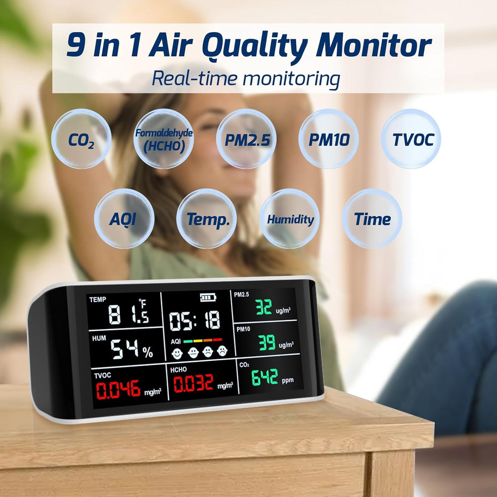 Real Instruments Air Quality Monitor Indoor 9 in 1 Air Quality Meter Portable CO2 Monitor Formaldehyde Detector VOC Sensor AQI Index PM2.5 PM10 and Humidity Temp & Time Air Monitor, AQM-08