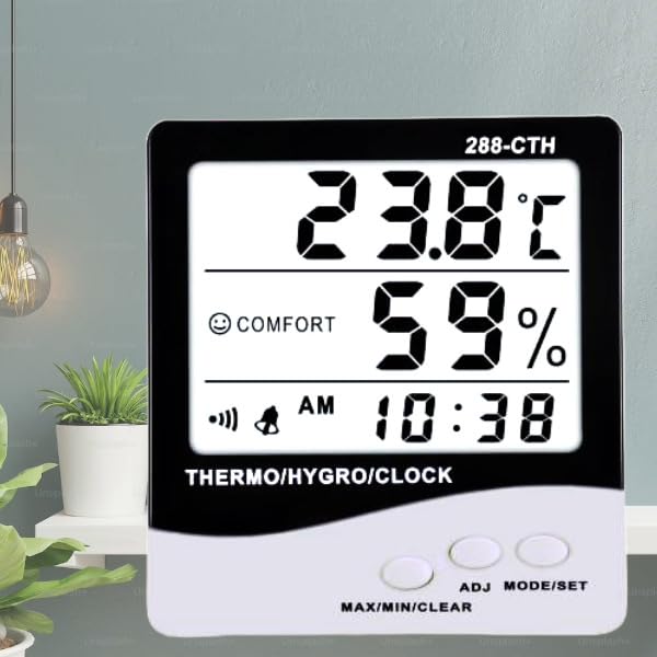 HTC 288-CTH Digital Thermo Hygrometer with Temperature, Humidity, and Time Display, Comfort Index Indicator, Memory Function, and Large LCD Screen for Home, Office, and Industrial Use