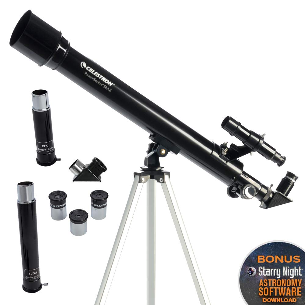 Celestron PowerSeeker 50AZ Telescope - Manual Alt-Azimuth Telescope for Beginners - Compact and Portable - Bonus Astronomy Software Package - 50mm Aperture