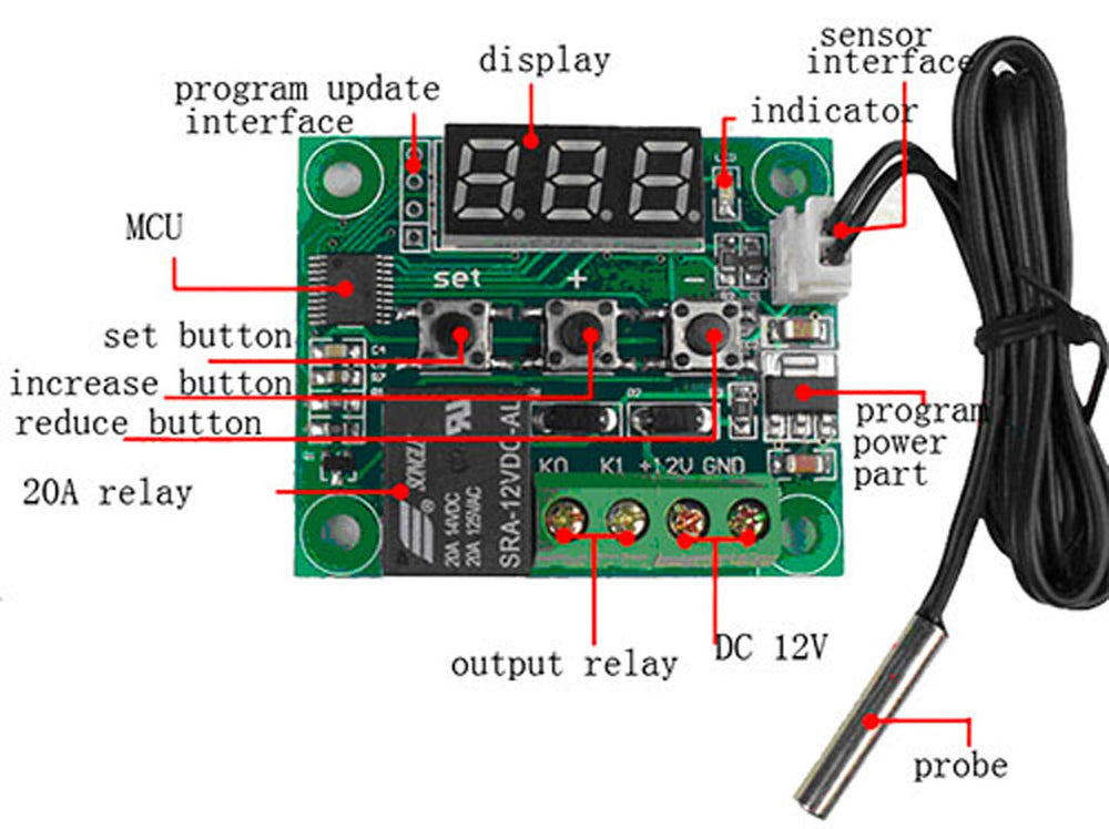 Real Instruments High-Precision W1209 Digital Temperature Controller with Adjustable Thermostat, LED Display, Wide Temperature Range, Relay Output and User-Friendly for Heating & Cooling Applications in DIY Projects, Incubators & Thermostatic Devices