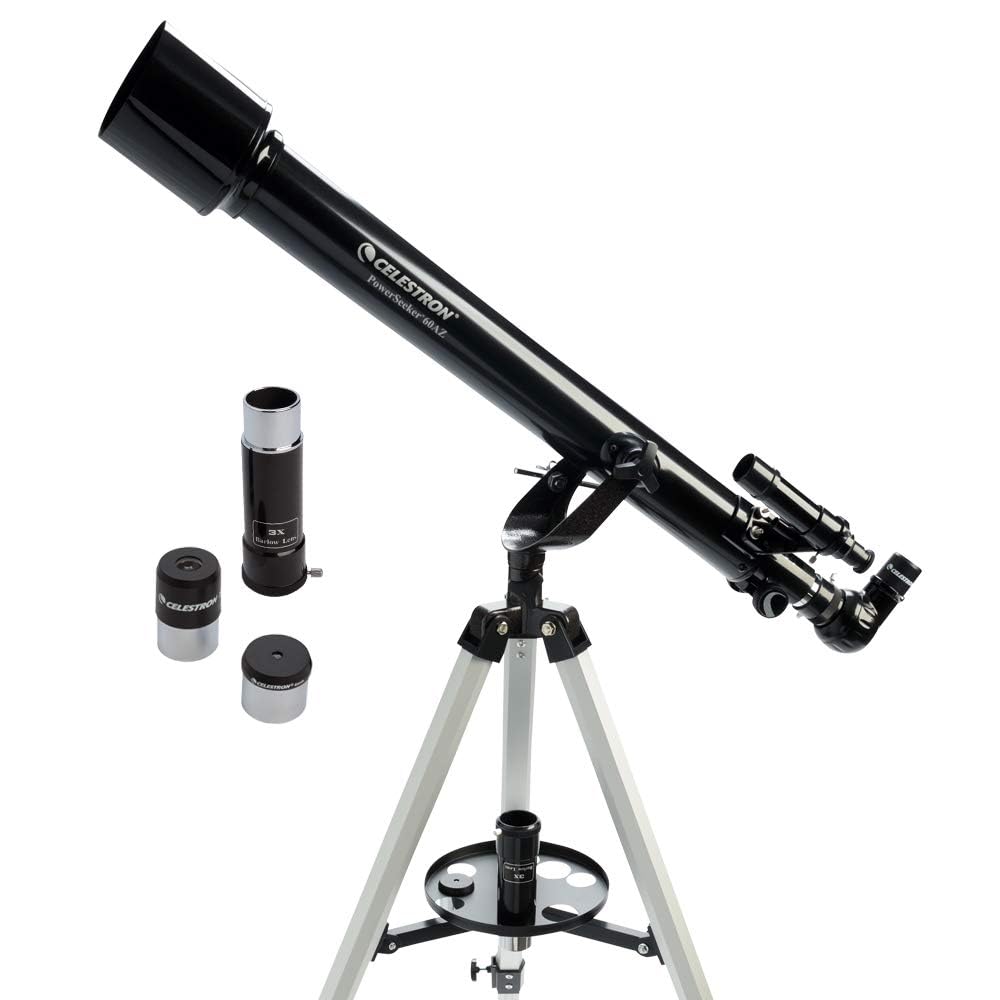 Celestron 60AZ Achromatic Refractor Telescope with 60mm Aperture, 700mm Focal Length, Altazimuth Mount, and Adjustable Aluminum Tripod for Beginner Astronomers and Terrestrial Viewing