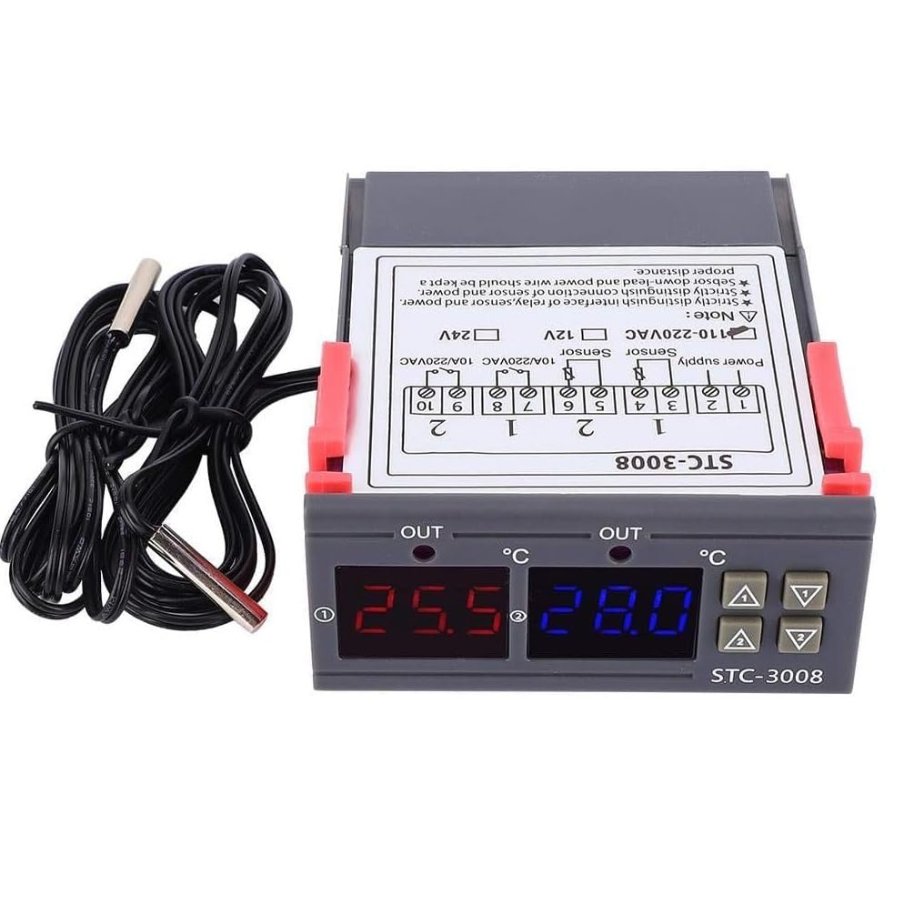 Real Instruments Digital Temperature Controller, STC-3008 50/60Hz Dual Display Dual NTC Probe Sensor 10A -50°C-70°C Digital Temperature Thermostat Controller (110~220V)