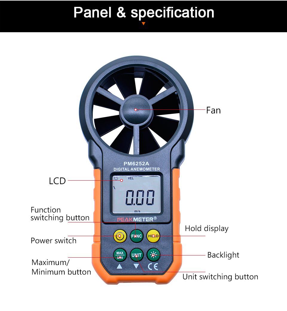 Real Instruments PM6252A Digital Anemometer, LCD Portable Anemometer High Exactness Handheld Industrial Indoor And Outdoor Wind Speed Measuring Instrument With Backlight, PM6252A