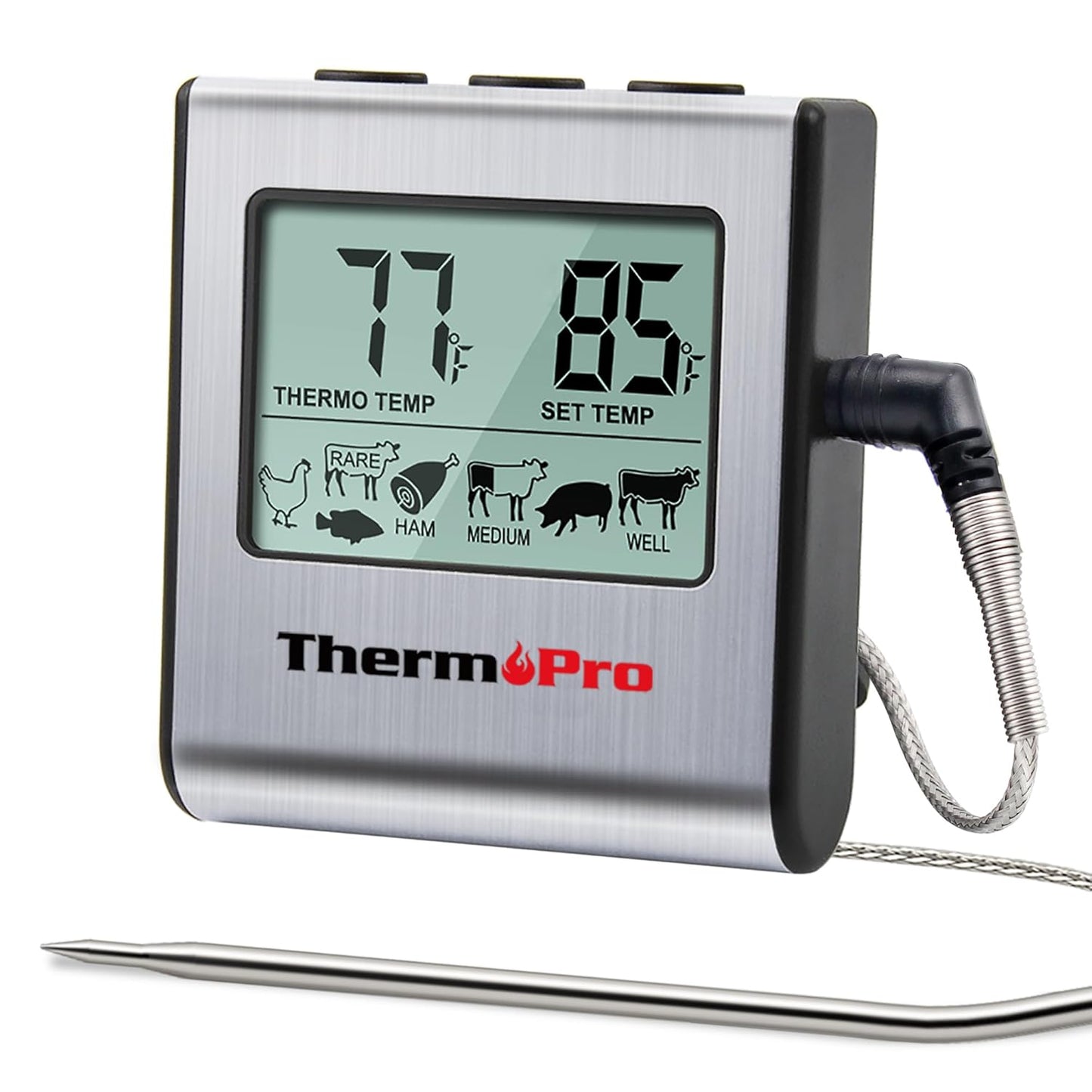 ThermoPro TP-16 Large LCD Digital Cooking Kitchen Thermometer for Food, BBQ, Grill, Meat, Oven, Smoker with Stainless Steel Step-Down Probe and Built in Clock Timer