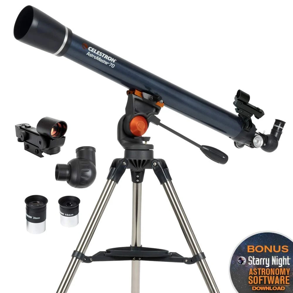 Celestron 70AZ Achromatic Refractor Telescope with 70mm Aperture, 700mm Focal Length, Altazimuth Mount, and Adjustable Aluminum Tripod for Beginner Astronomers and Terrestrial Viewing