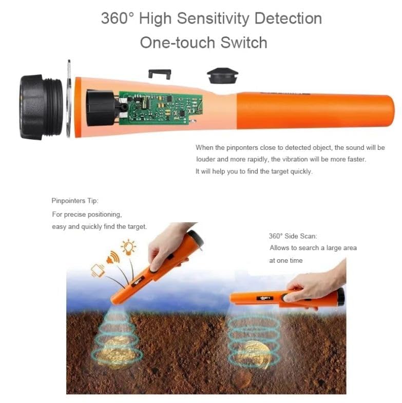 Real Instruments Metal Detector Pinpointer, 360° Search Treasure Pinpointing Finder Probe with 9V Battery and LED, Waterproof Metal Detector for Treasure Hunting, Metal Detecting Accessories for Adults, Kids--Orange