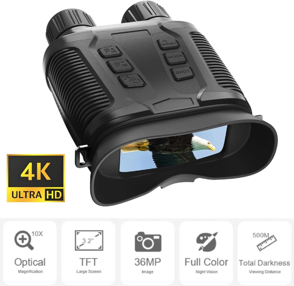 Real Instruments NV3280 Night Vision Binoculars for Hunting 4K UHD Full Color 36MP Telescope 10X Optical 8X Zoom 500M Infrared Digital, Black