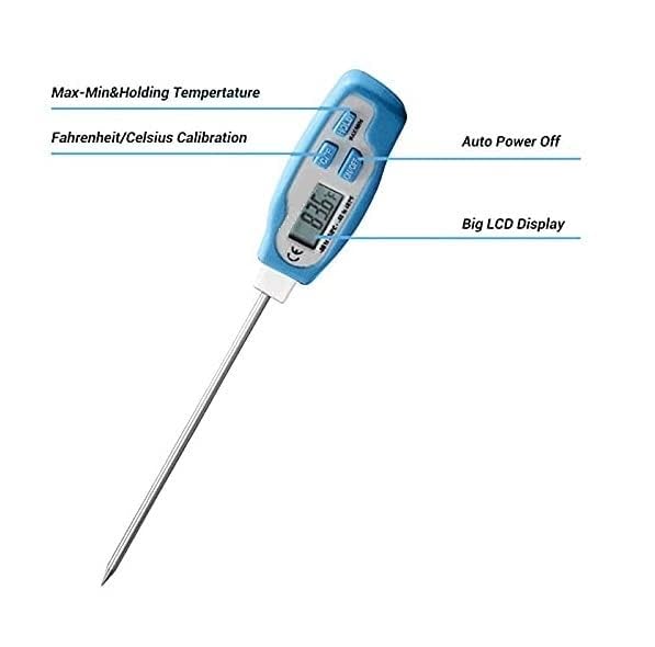 Real Instruments Instant Read Digital Meat Thermometer for Food, Bread Baking, Water, and Liquid. Waterproof and Long Probe with Meat Temp Guide for Cooking, Display with Backlit DTM-902