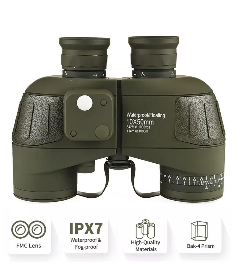 Real Instruments Military-Grade 10x50 Waterproof Binoculars with Built-in Compass & Rangefinder – Floating, Fog-Proof Tactical Optics