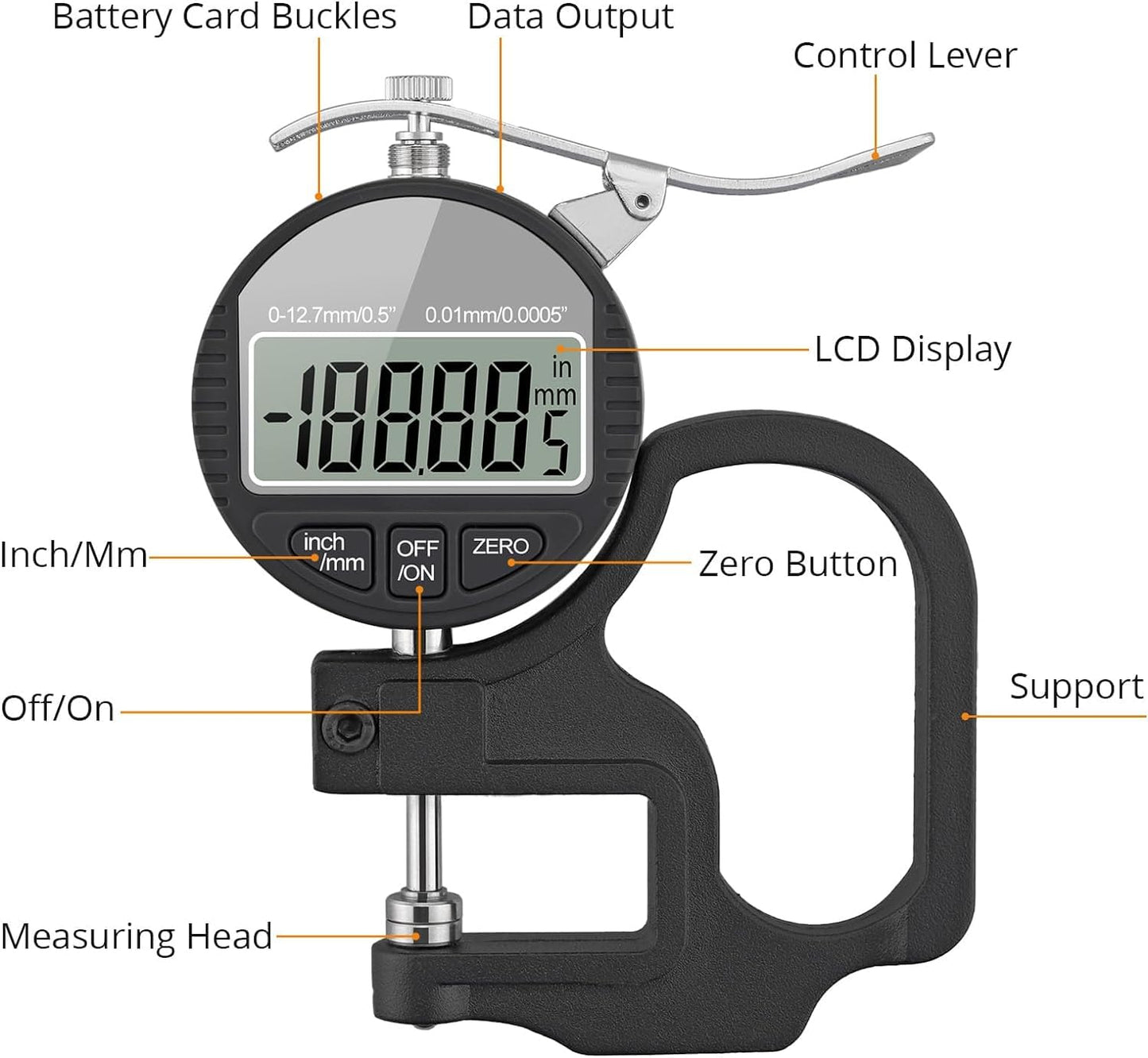 Real Instruments Digital Thickness Gauge Measuring Range 0-12.7mm, Accuracy 0.01mm Thickness Meter With LCD Display Inch/Metric, Suitable For Paper/Film/Leather/Wire Thickness Gauge