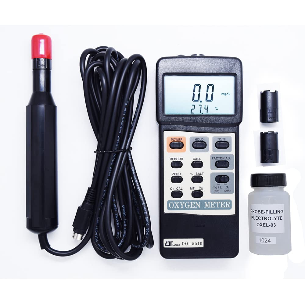 Lutron DO-5510 High-Accuracy Dissolved Oxygen Meter, Automatic Calibration, Temperature Compensation, Polarographic Probe, IP65 Waterproof Design for Water Quality Monitoring, Aquaculture, Environmental Testing & Laboratory Research