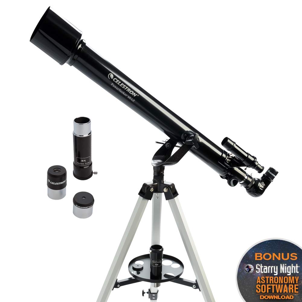 Celestron 60AZ Achromatic Refractor Telescope with 60mm Aperture, 700mm Focal Length, Altazimuth Mount, and Adjustable Aluminum Tripod for Beginner Astronomers and Terrestrial Viewing
