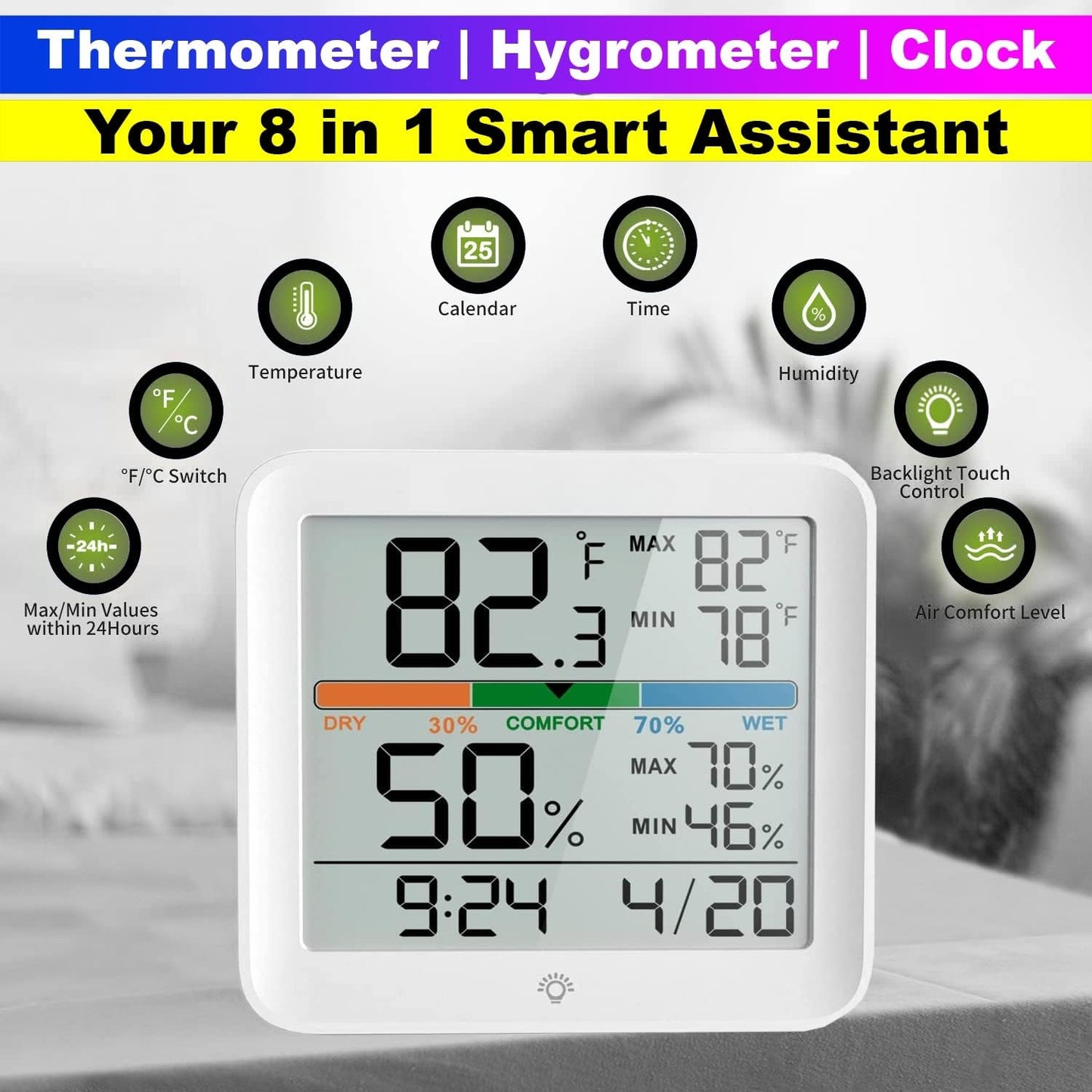 Real Instruments Digital Hygrometer Thermometer HT-54 Temperature & Humidity Monitoring Weather Station Room Climate Indicator With Calibration Touchable Night Light Comfort Display MAX/MIN Data Sets