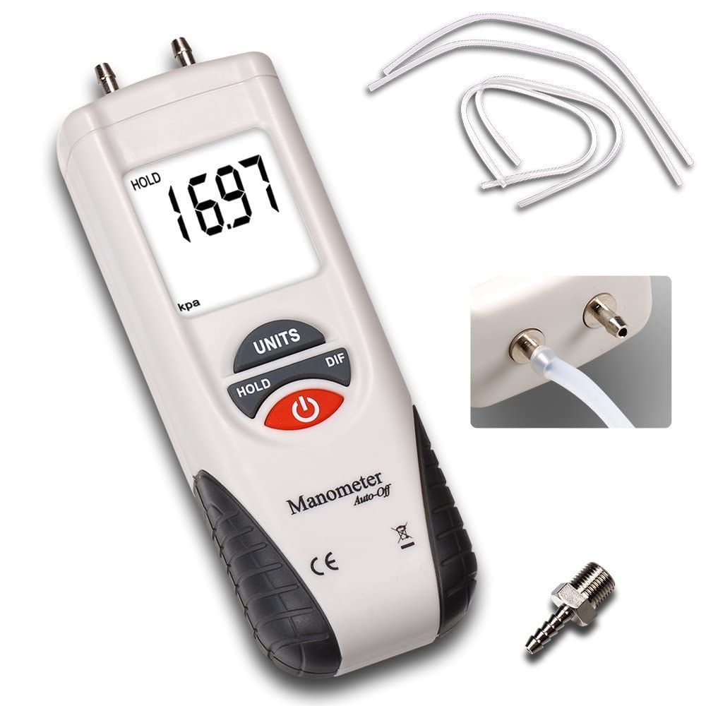 Real Instruments HT-1890 Digital Manometer Professional Differential Air Pressure Gauge u Tube kit electrometer 11 Selectable Units Data Hold Zero Adjustment LCD Backlight Display for Industry