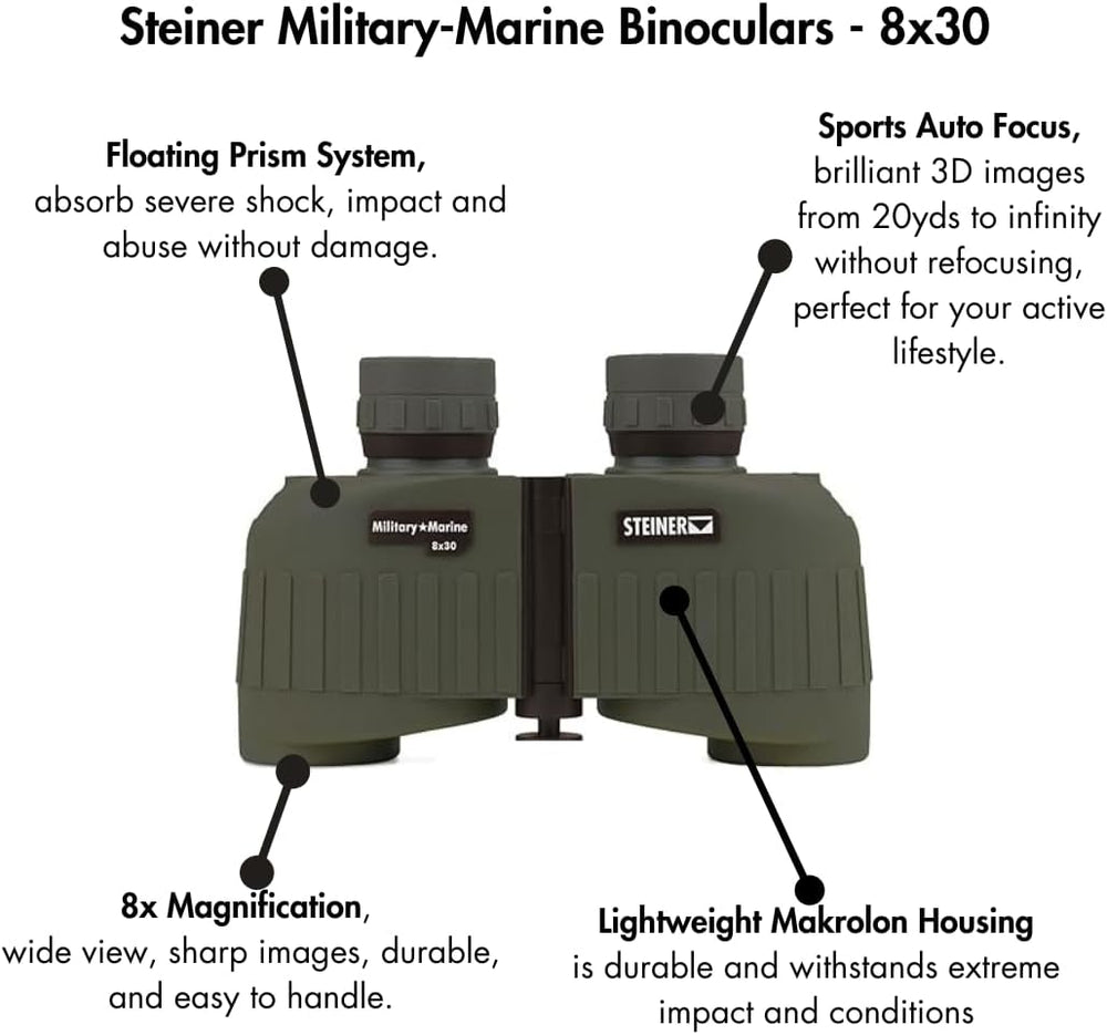 Steiner Military-Marine Series Binoculars, Lightweight Tactical Precision Optics for Any Situation, Waterproof, Green, 8x30
