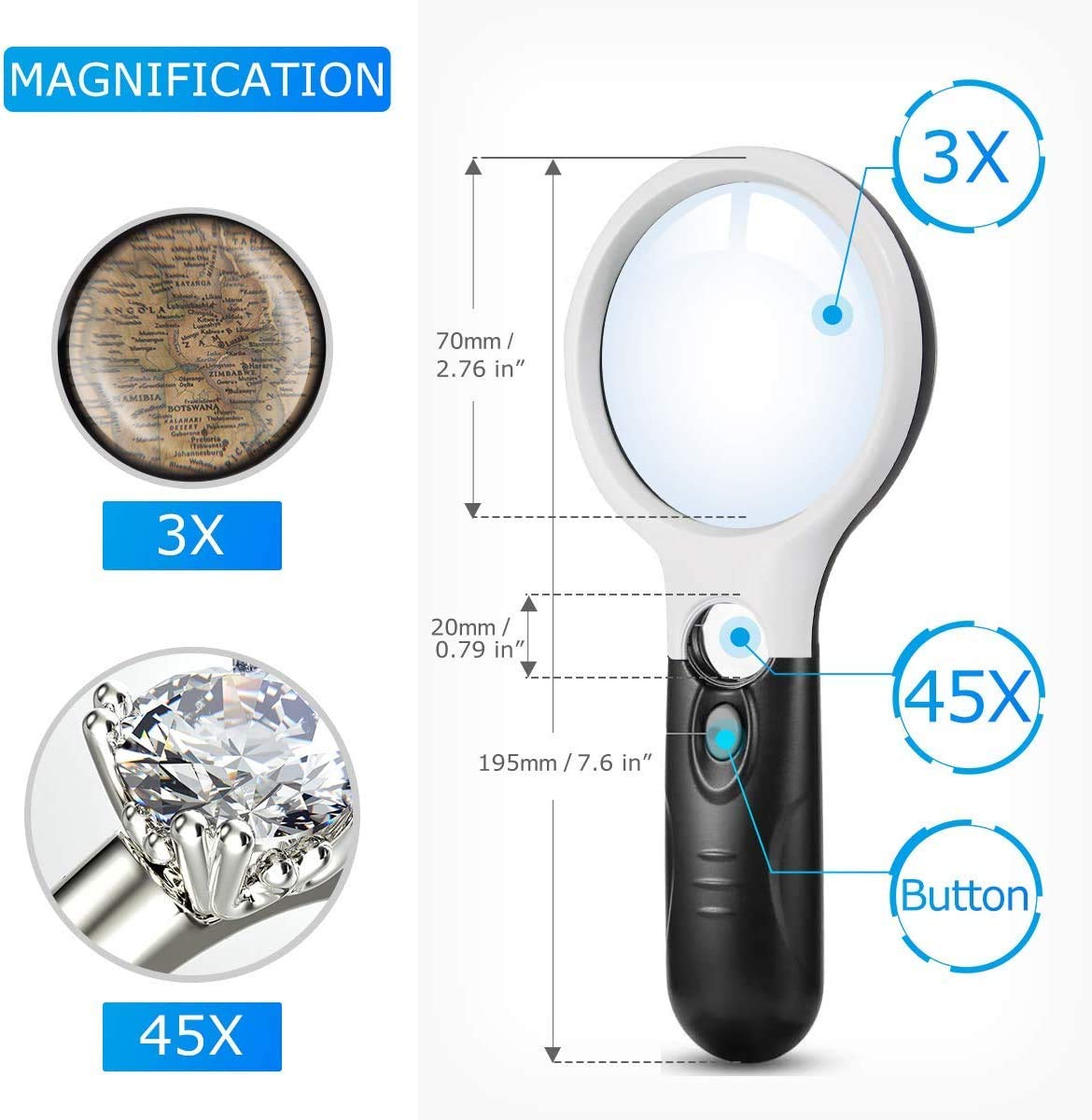 Real Instruments Magnifying Glasses with 3X & 45X Big Size Zoom Lense, 3 Led Light for Seniors, Reading, Kids, Eyelash Extensions | Microscope Lens, Coin Aimpoint (6902AB)