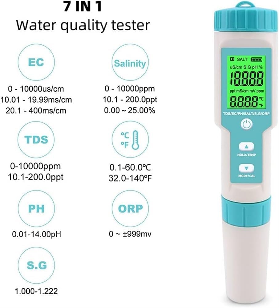 Real Instruments Water Quality Tester 7 in 1 PH Total Dissolved Solids TDS/PH/EC/ORP/Salinity/S.G/Temperature Testing IP67 Waterproof ℃/℉ Units Conversion Automatic Temperature Compensation