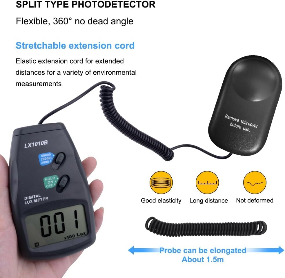 Real Instruments Digital Lux Meter Illuminance Camera Photometer FC Measure Light Meter Tester with LCD Display Flexible Sensor Light Tester for Photography, Plants, Indoor, Outdoor (LX-1010B)