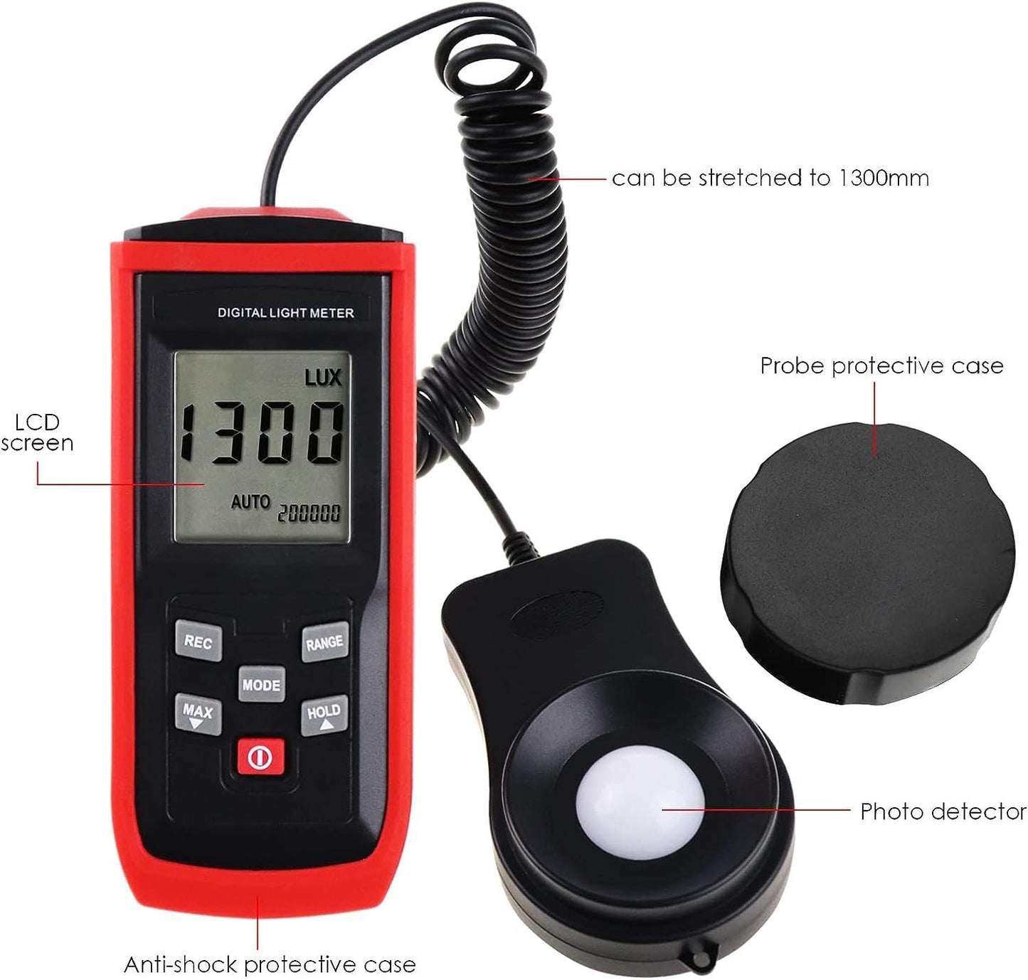 Real Instruments Digital Light Meter Illuminance Lux Meter With Record Function, 0~200,000 Measurement Range Flexible Sensor Light Tester For Photography, Plants, Indoor, Outdoor, Red Black