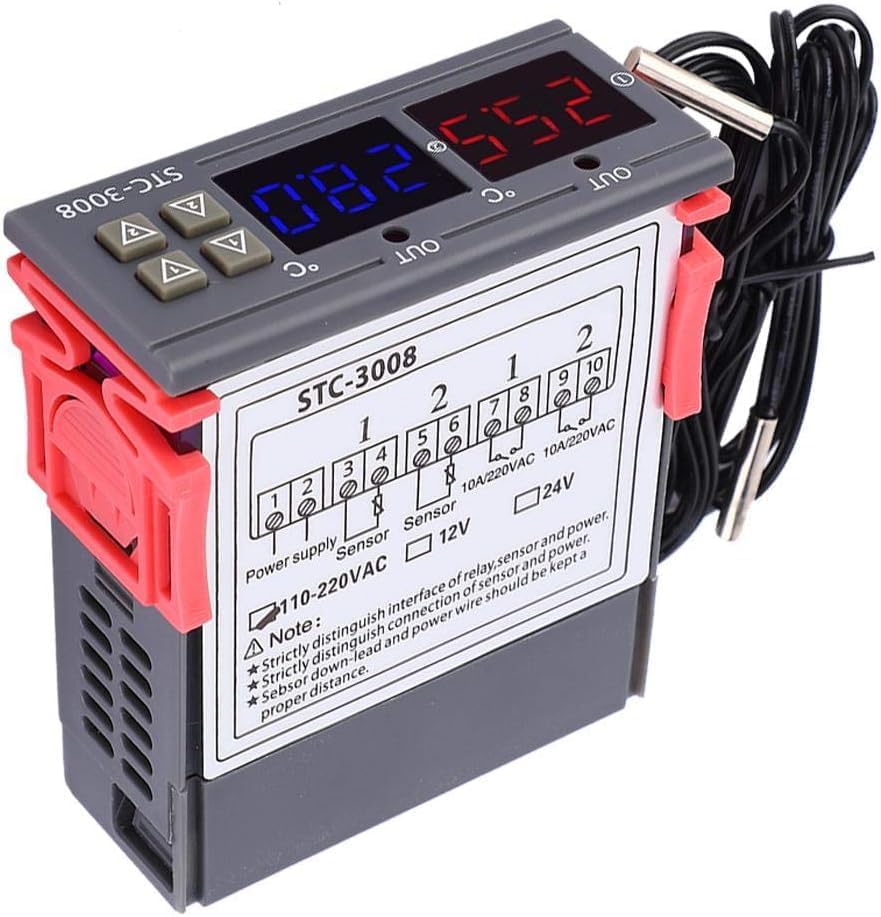 Real Instruments Digital Temperature Controller, STC-3008 50/60Hz Dual Display Dual NTC Probe Sensor 10A -50°C-70°C Digital Temperature Thermostat Controller (110~220V)