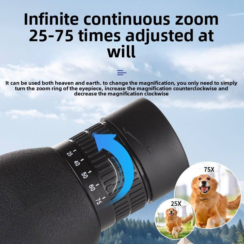 Real Instruments High Magnification 25-75x60 HD Outdoor Monocular Zoom Telescope Bak4 FMC Low Light Night Vision for Moon Viewing Bird Watching