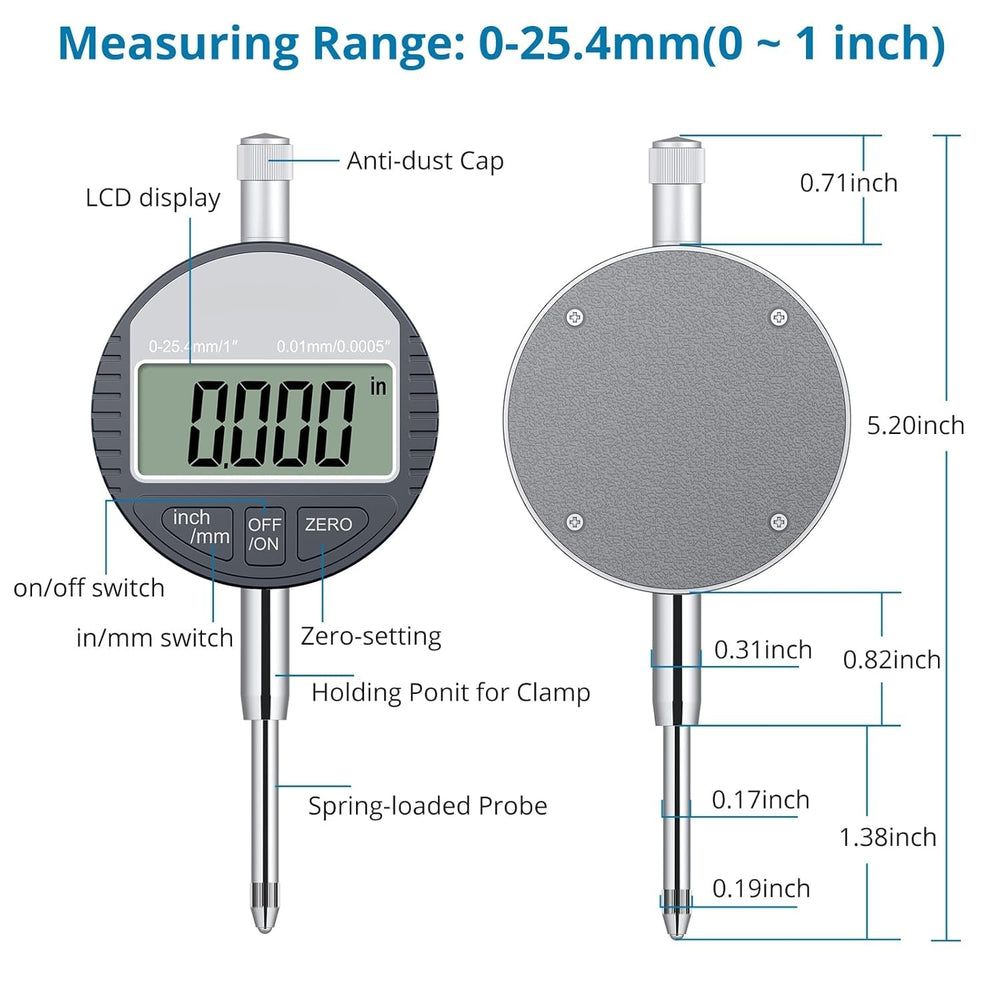 Real Instruments Electronic Digital Dial Indicator Gauge Inch/Metric Conversion 0-1 Inch/25.4 mm Digital Probe Indicator Dial Test Gauge High Resolution: 0.0005''/0.01mm