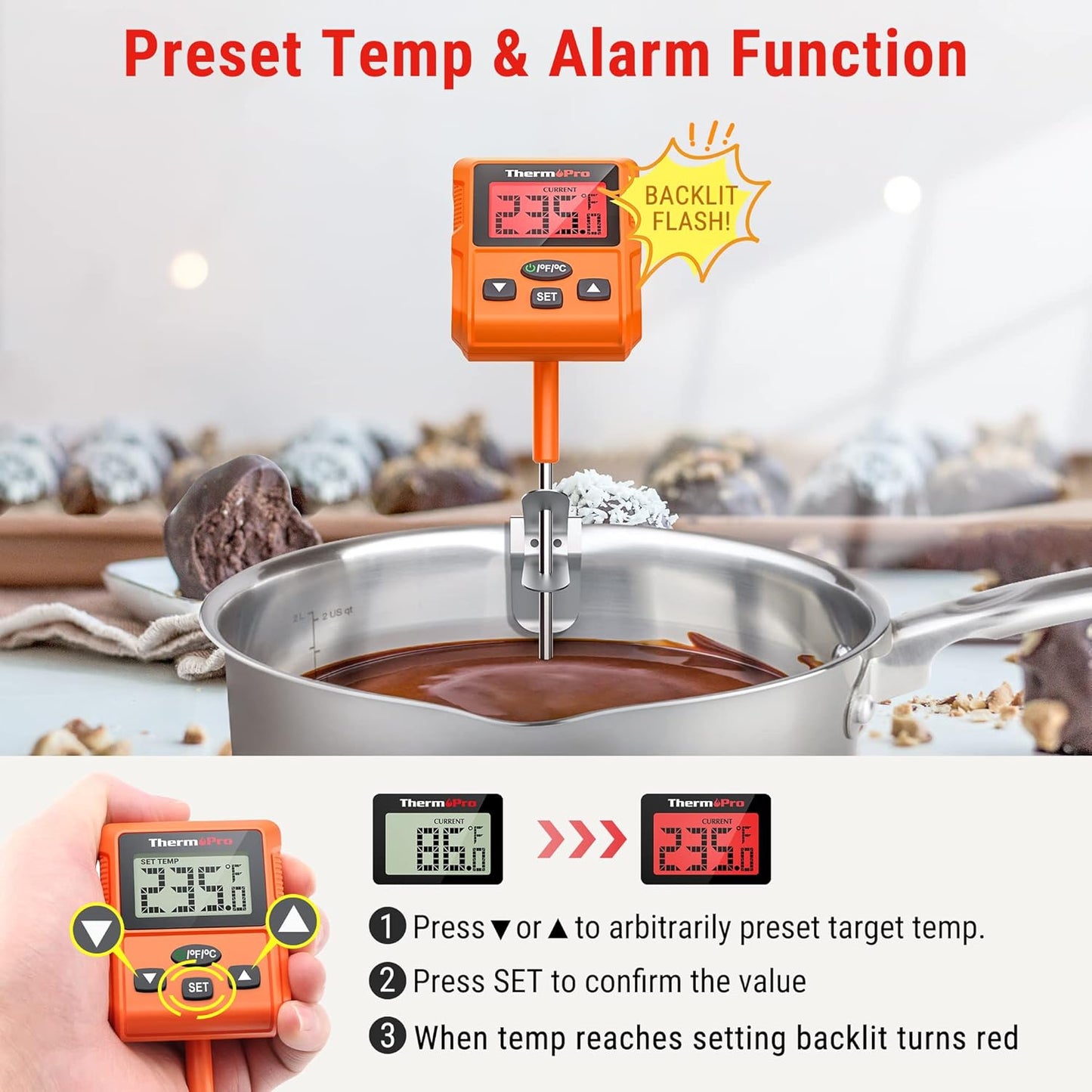 ThermoPro Plastic Tp511 Digital Instant Read Kitchen Food Thermometer,Deep Fry Candy Thermometer With Pot Clip & Backlight & 8" Long Probe Cooking Thermometer For Frying Oil,Liquids,Sugar,Meat,Bbq