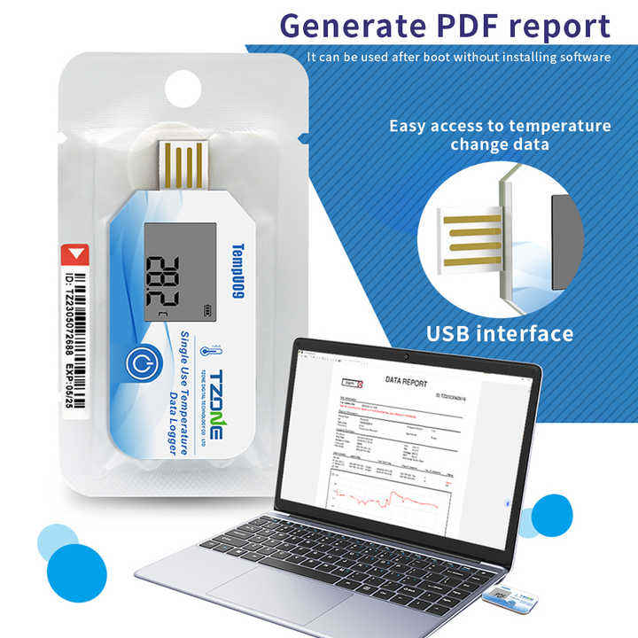 Real Instruments Tzone TempU09 90 Days Single Use USB Temperature Data Logger with LCD Display | Automatic PDF/CSV Report | Cold Chain Monitoring for Food, Vaccines & Pharmaceuticals
