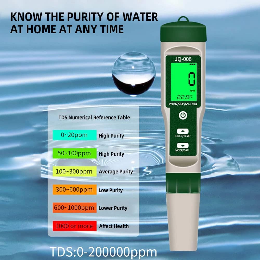 Real Instruments Digital pH Meter JQ-006, TDS/PH/ORP/EC/Temperature Tester 10 in 1 PH Meter with LCD Display, 4 Buffer Solutions for Drinking Water Monitoring