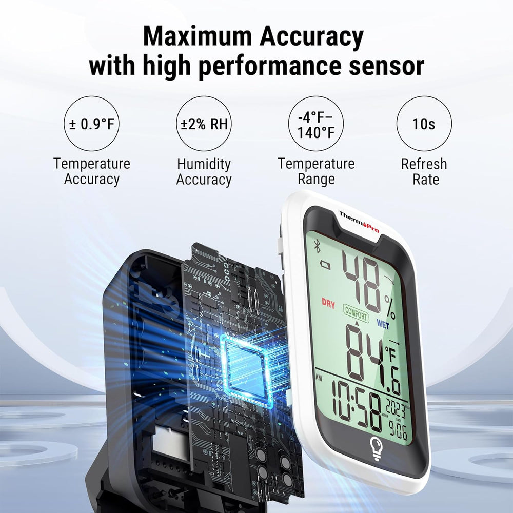 ThermoPro TP358 Bluetooth Thermometer for Room Temperature with Built-in Clock, Smart Temperature Sensor and Humidity Meter with Backlit, 260Ft Hygrometer Indoor Thermometer for Home Greenhouse