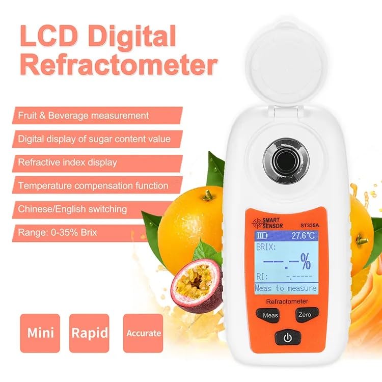 Real Instruments Digital Refractometer 0-35% Smart Sensor ST335A LCD Refractometer Handheld Honey Refractometer ATC Sugar Percent Tester Sugar Concentration Detector Sugar Solution Content Test Tool