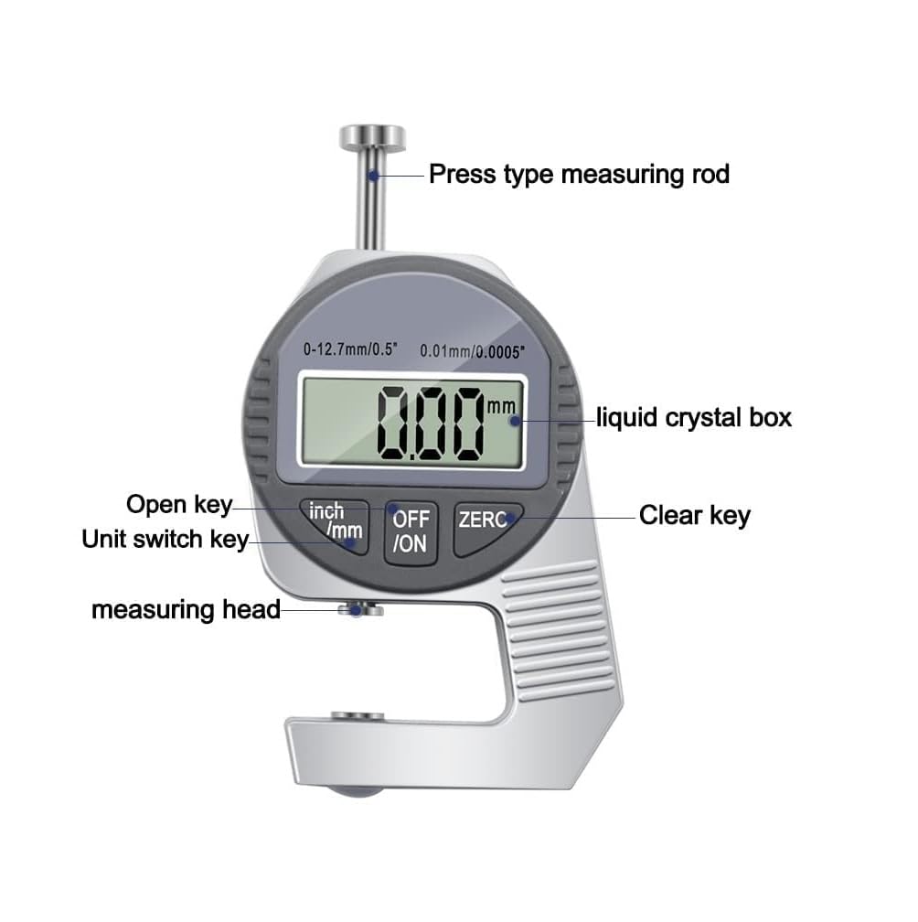 Real Instruments Portable Mini Precise Digital Display Screen Thickness Gauge Meter Measurement Tool Electronic Micrometer Thickness Meter With LCD Display, Unit Conversion, Storage Case 12.7mm