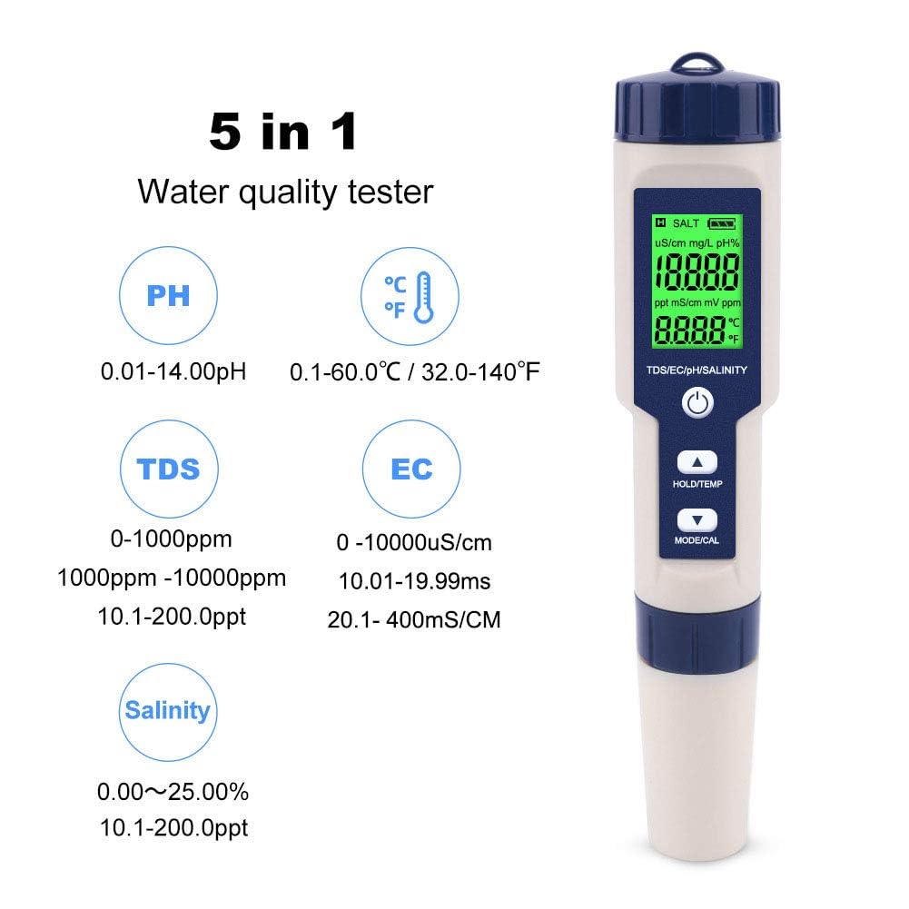 Real Instruments Water Quality Tester, 5 in 1 Function Water Quality Testing Meter PH/Salinity/TDS/EC/Temperature Tester With Backlight For Aquaculture, Drinking Water, Pool