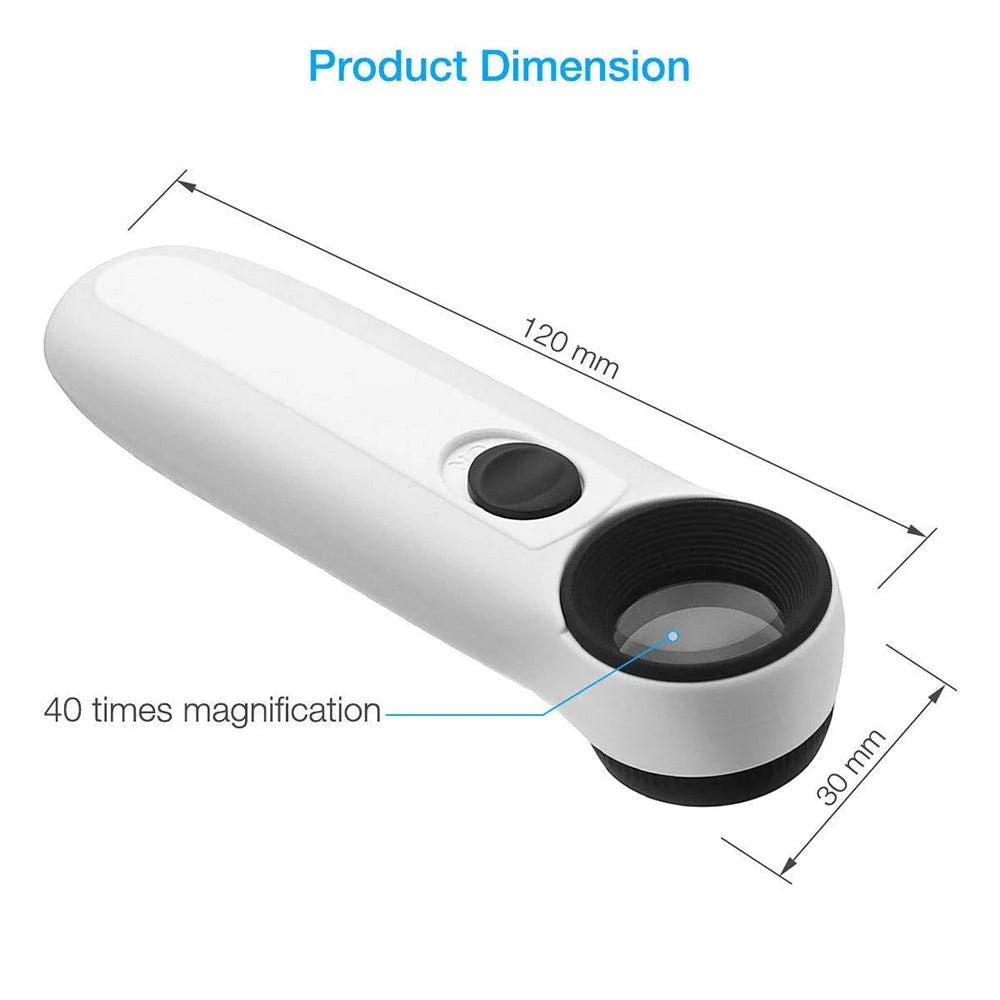 Real Instruments Handheld Magnifier 40x Magnifying Glass with 2 LED 19 mm Lights for Education,Home and Office,Industrial Inspection, 6B-1B